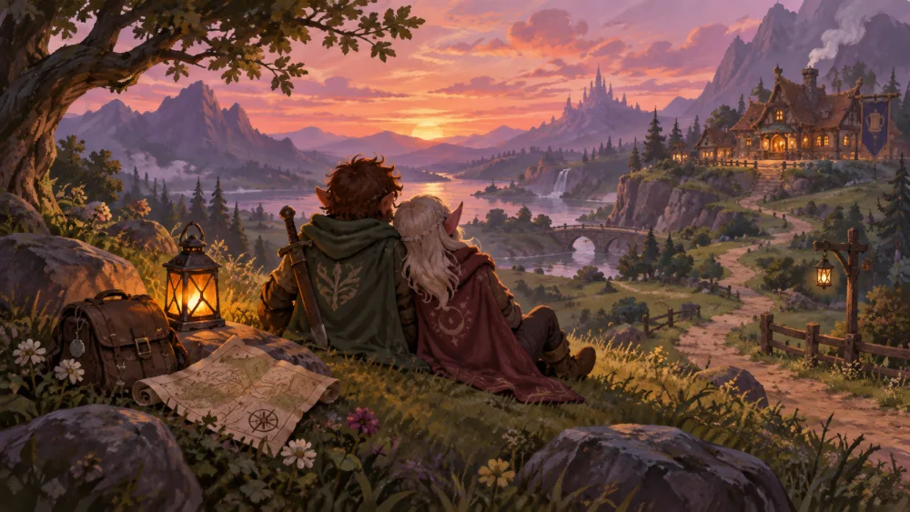 Two adventurers sharing a map beside a lantern-lit inn at sunset.