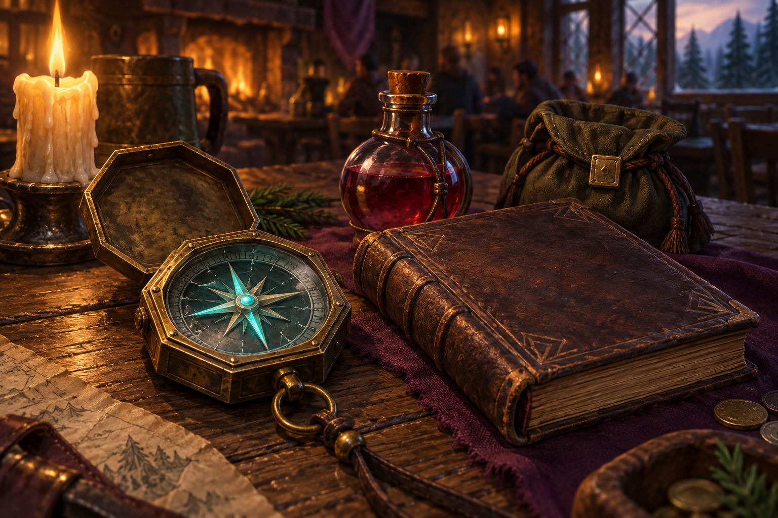 Original fantasy keepsakes: an enchanted compass, a spellbook, a potion, and a leather pouch.