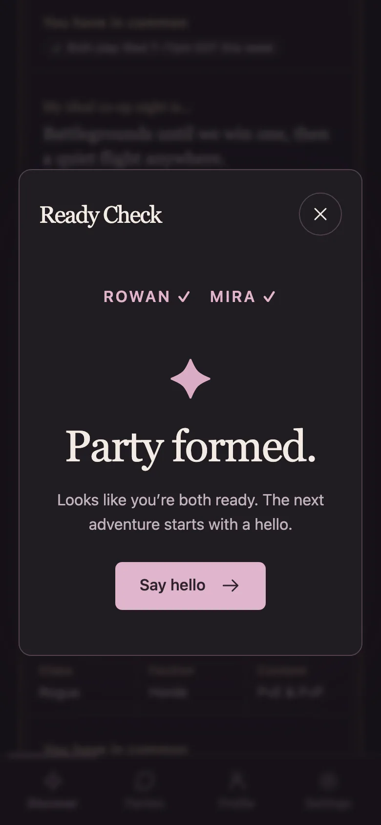 Phone screen showing a Ready Check that says Party formed. Rowan and Mira have both sent a Beacon, and a Say hello button opens chat.