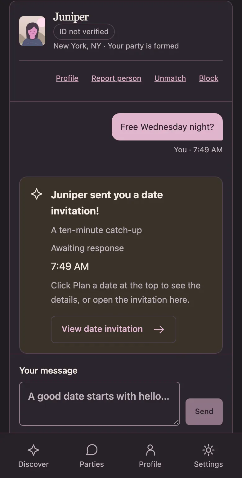 Phone chat screen where Juniper has sent a date invitation card for a ten-minute catch-up, with a View date invitation button.